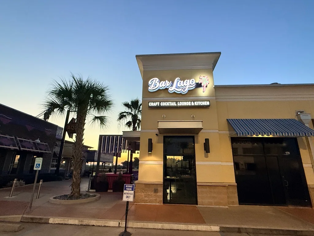 Bar Lago Craft Cocktail Lounge architectural tower halo-lit channel letters and lower cabinet letters at dusk by Stingray Signs LLC