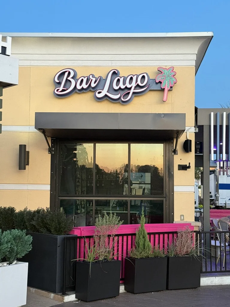 Bar Lago custom script dimensional channel letters and neon palm tree patio storefront sign by Stingray Signs LLC