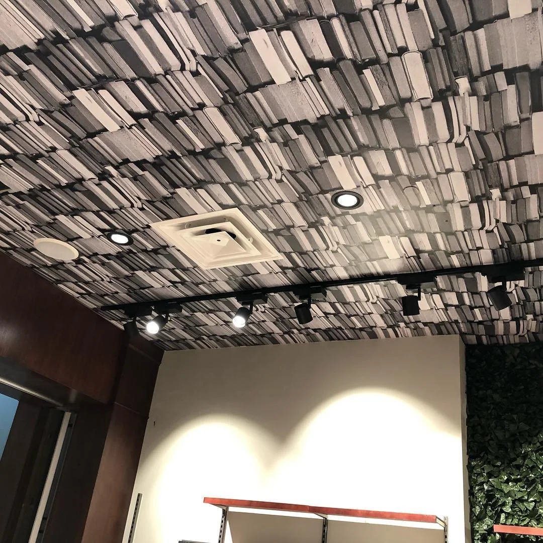 Custom 3D architectural book-spine overhead acoustic ceiling baffle wrap installed by Stingray Signs LLC