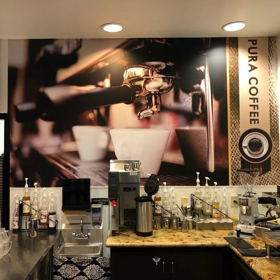 Pura Coffee Interior Espresso Bar Mural — Wall Murals & Interiors installed by Stingray Signs LLC
