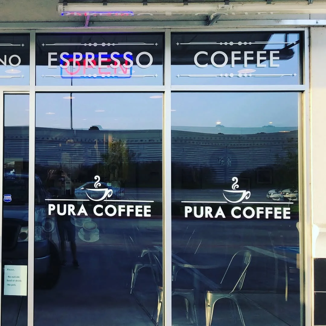 Pura Coffee Entrance Vinyl Lettering — Storefront Window Graphics installed by Stingray Signs LLC